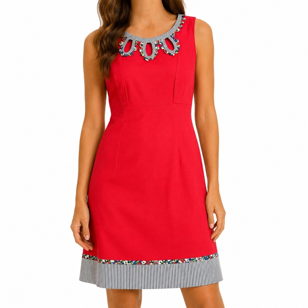 Boden Midi Sheath Dress Womens Size 8L Red Sleeveless Keyhole Applique Preppy